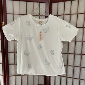 Mesh + Love Women's White Short Sleeve Tee with Butterfly Design PTP 20 inches.
